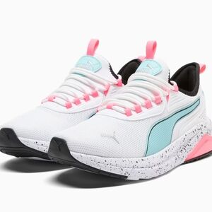 PUMA Amplifier Speckle Sneakers Running Athletic Shoes White Pink Aqua Size 8